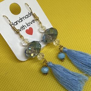 Blue Tassel Beaded Glass Thread Dangle Earrings Hook Closure Handcrafted